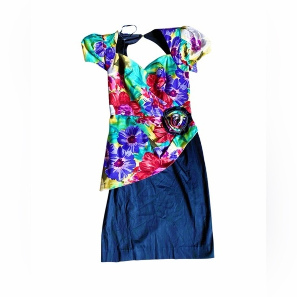 Vintage 80s Navy and Floral Wiggle Dress Sweetheart Neckline Modern Size 2